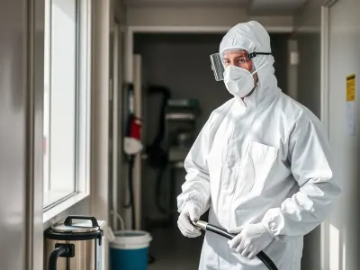 Dödsbo sanering Stockholm — sanering dödsbo av Hemrent Dödsbo sanering Stockholm — saneringstekniker i full skyddsutrustning